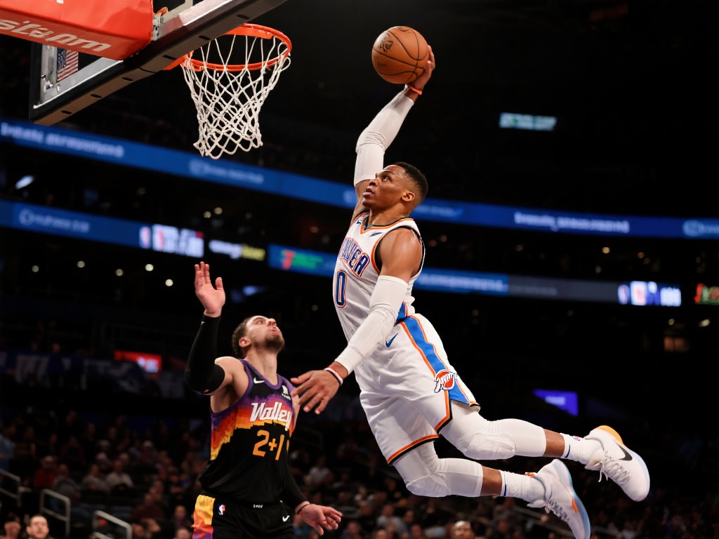 威少闪电加速接球 拉杆上篮绝妙2+1 更令人惊叹的是,他在完成拉杆上篮的同时还